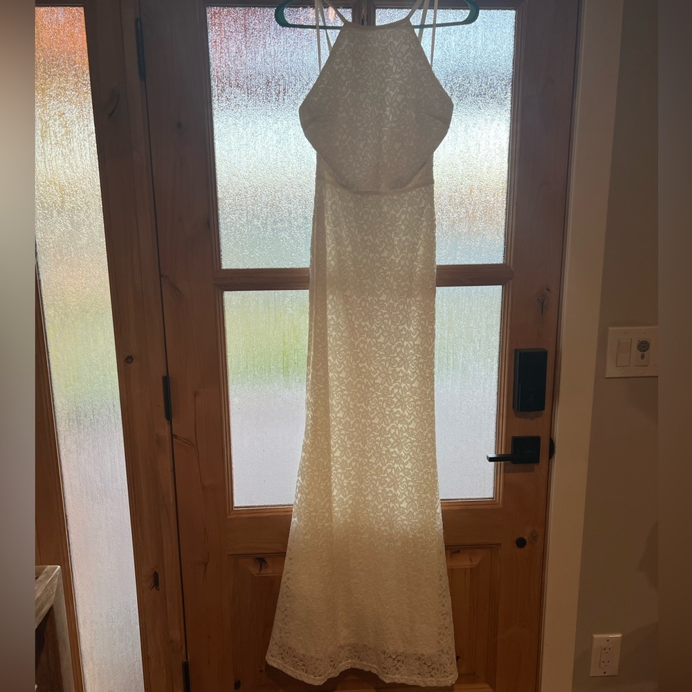 Simple elegant high neck ivory lace Lulus wedding gown